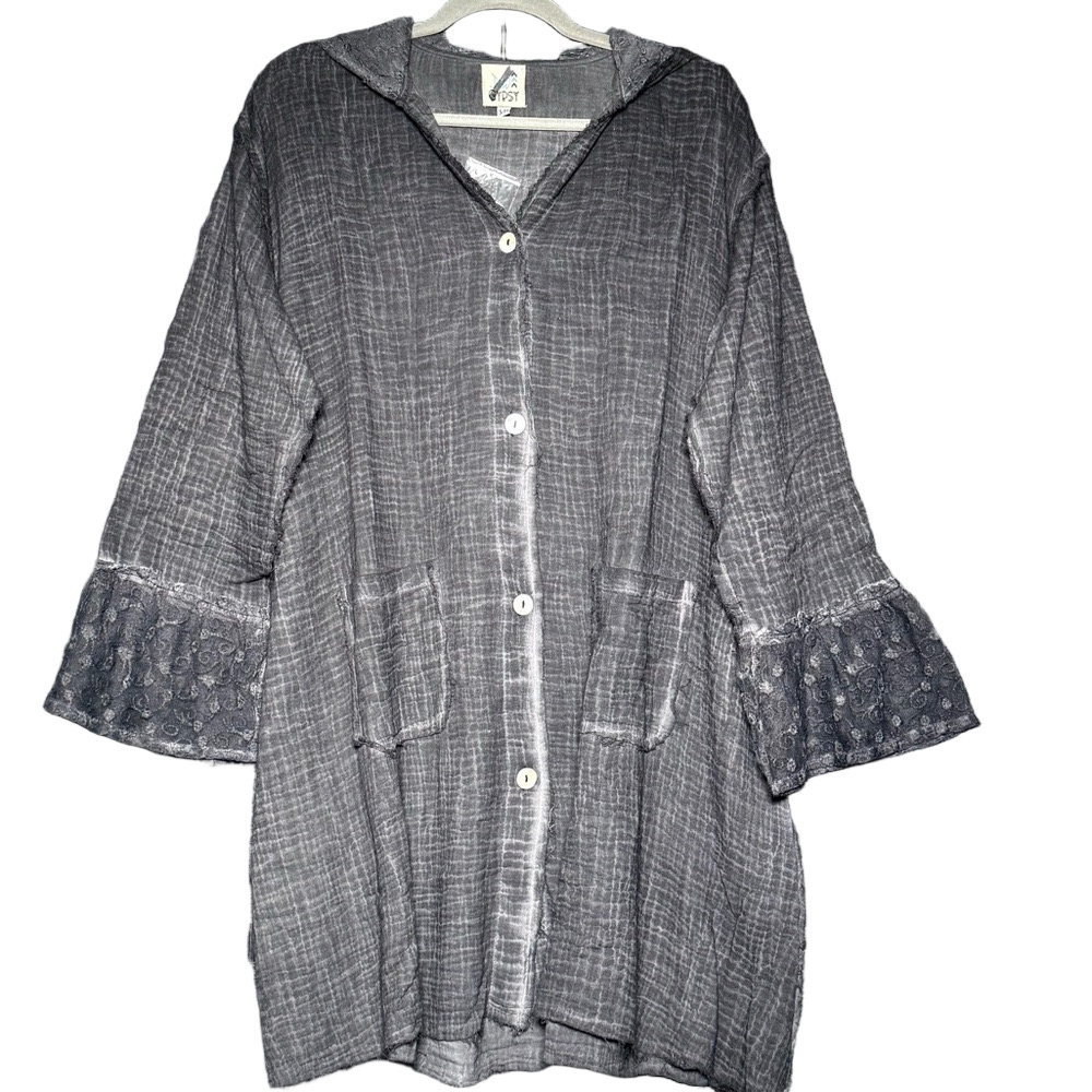 JADED GYPSY Elysia Weekend Hooded gauze and lace distressed wash tunic duster - Picture 2 of 8